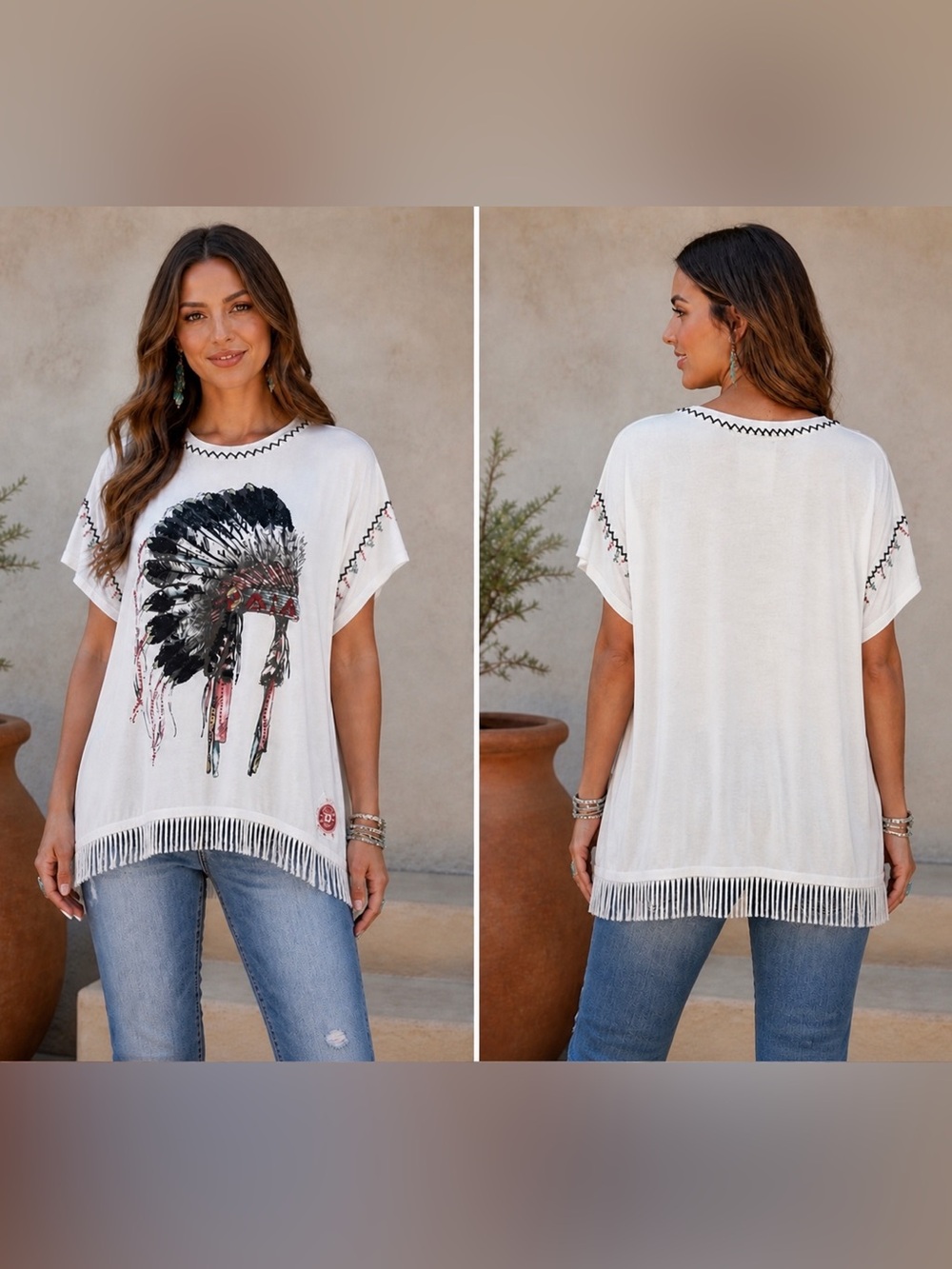 Double D Ranch White Fringe Tunic Top with Embroidery and Beads